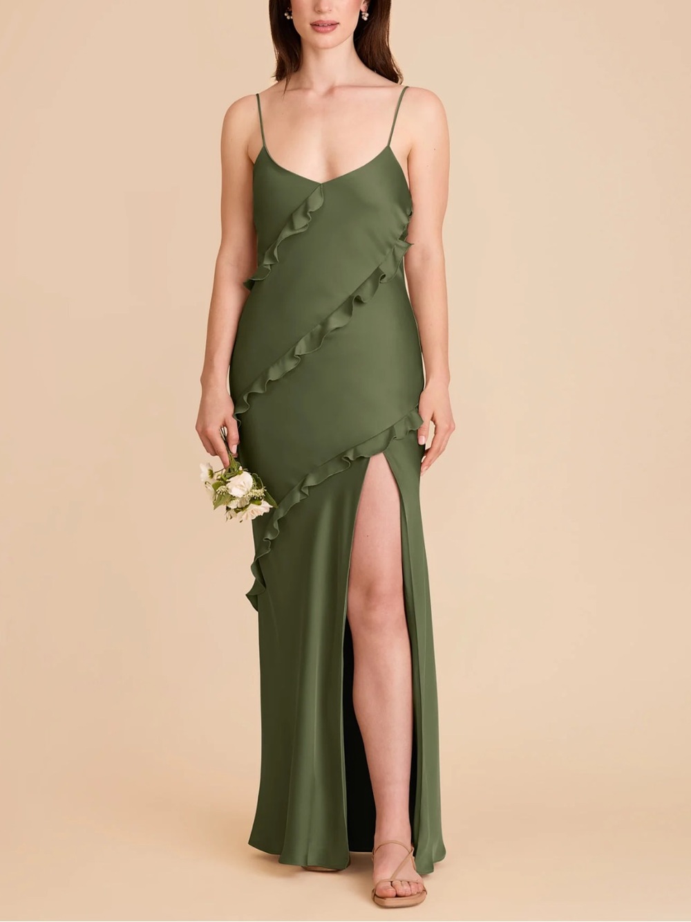 Birdy Grey Valentina Olive Matte Satin Ruffled Slit Bridesmaid Maxi Dress size M